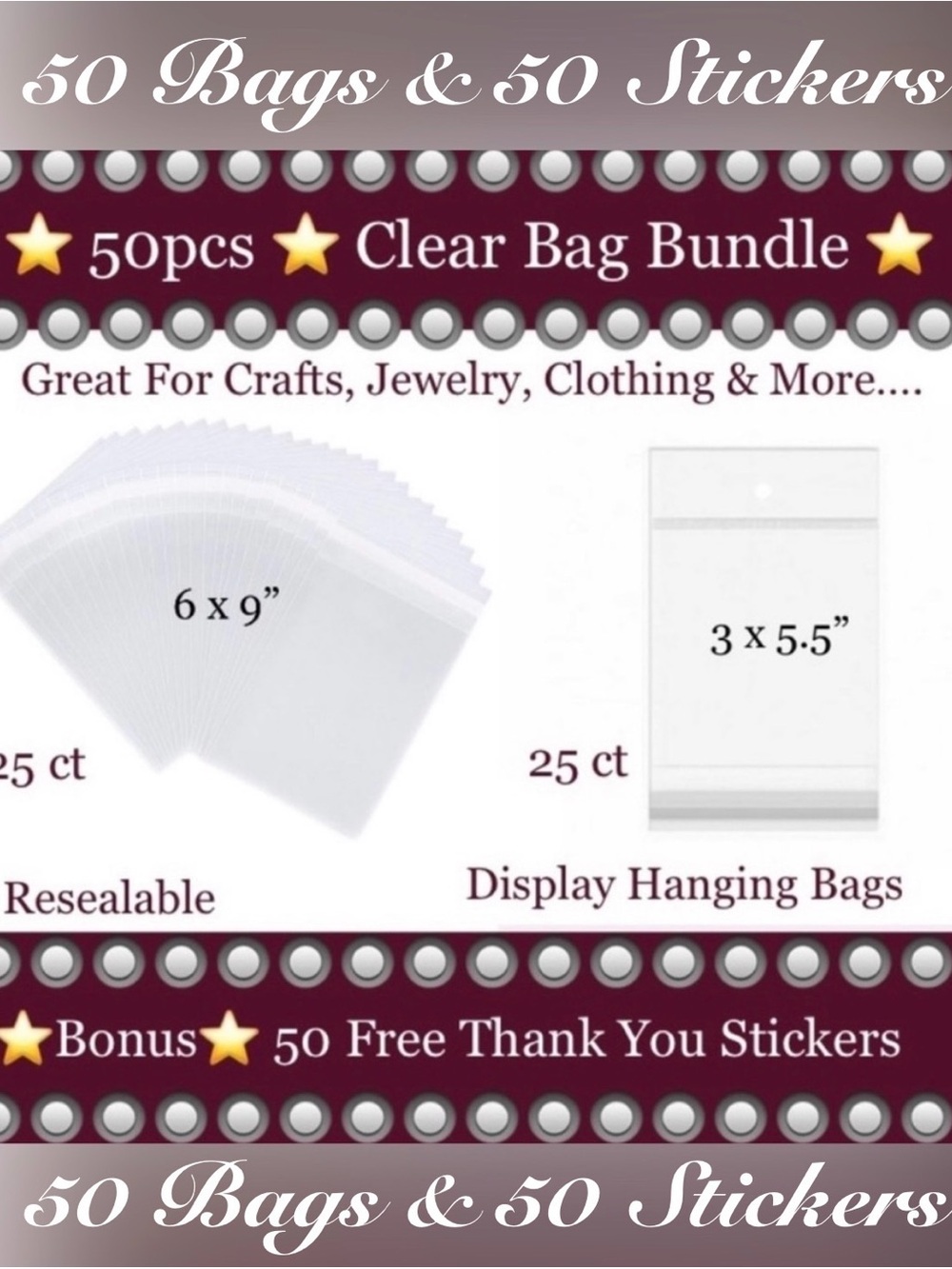 100pcs Bundle includes 25ct 6x9” & 25ct 3x5-1/2”Clear Cello Bags & 50ct Stickers